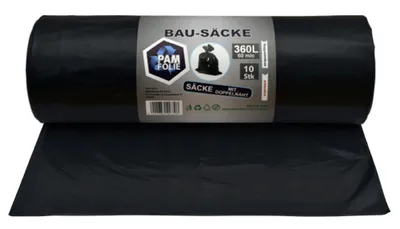 Produktbild von PAM-FOLIE Müllsäcke 360L - 10 Stück - Bausäcke Professional, Dicke Abfallsäcke - 120x150cm - 60µm - Extra Stark - schwarzer Müllbeutel