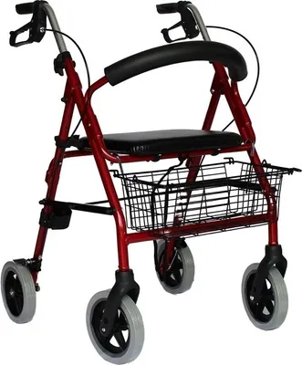 Produktbild von Trendmobil Rollator LR 56, Rot, Aluminium, Gesamt 60x79-93x65cm, Sitz 53-56x35x31cm, Falt 32cm, 6,7kg, bis 120kg, mit pannensicherer Bereifung, abnehmbarem Rückenbügel, höhenverstellbaren Ergogriffen, leichtem Faltmechanismus, Ergobremse, inkl. Sitz, Einkaufskorb & Stockhalter
