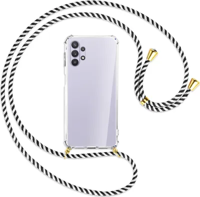 Produktbild von Handykette Backcover-Schutzhülle mit Band (Metall goldfarben) für Samsung Galaxy A32 5G - schwarz/weiß gestreift