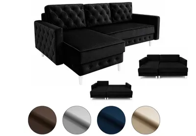 Produktbild von Ecksofa LUX-L - Schlaffunktion, Bettkasten, 227x144 cm, Schwarz, weiße Holzbeine
