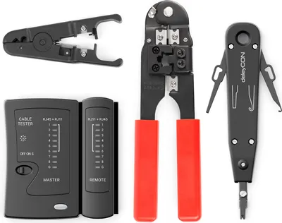 Produktbild von deleyCON Netzwerk Werkzeug Set 4-teilig mit Tasche LSA Auflegewerkzeug Abisolierzange Kabeltester Crimpzange für IT Computer Netzwerk LAN CAT Werkzeug RJ11 RJ12 RJ45