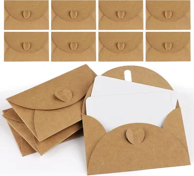 Produktbild von 25 Mini Briefumschläge mit Karten Vintage Mini Kraftpapier Umschläge Blanko Kärtchen kleine briefumschlägemit Herz Verschluss für Geschenkkarten DIY Dankeskarten