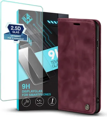 Produktbild von Handy Hülle für Apple iPhone 7 / 8 / SE (2020) mit 9H Displayglas Klapphülle Bookcase Flip Cover Handy Tasche Etui Farbe: Weinrot