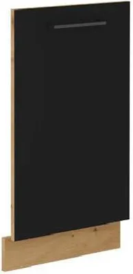 A black dishwasher door with a wooden base.