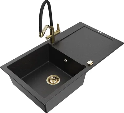 Produktbild von Mexen Leo 1 Becken-Granitspüle mit Abtropffläche und Mischbatterie Duo, Schwarz/Silbermetallic - 6501-73-671701-57-G