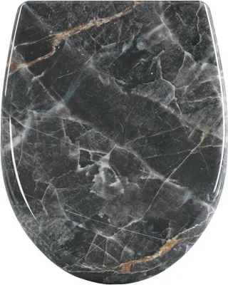 A top-down view of a toilet seat with a marble-like pattern.
