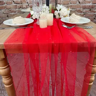 Produktbild von 9,8 Fuß Gaze-Tischläufer, Chiffon-Käsetuch-Tischläufer mit Kunstperlen, Esstisch-Dekorationstuch für Zuhause, Geburtstag, Feiertagsparty
