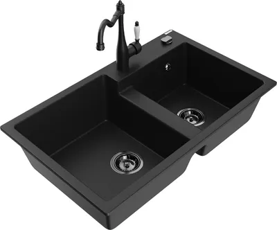 Produktbild von Mexen Tomas 2-Becken-Granitspüle mit Mischbatterie Carla, Schwarz - 6516-77-670700-70-B