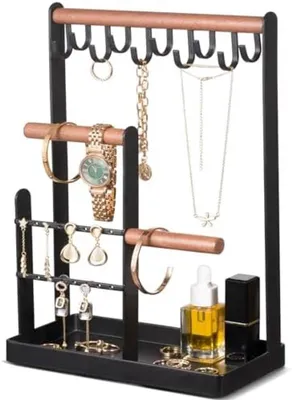 Productafbeelding van PromoHome® Sieradenorganizer met 4 etages, inclusief een lade voor oorbellen en 10 haken voor kettingen, armbanden, horloges en ringen - zwart