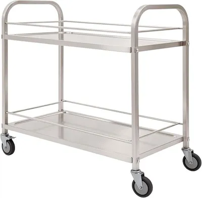 Image de Chariot de service en acier inoxydable, 2 plateaux, chariot de service robuste à 4 roues | 95 x 49 x 93 cm, chariot de cuisine argenté, chariot de transport pour cuisine de restaurant