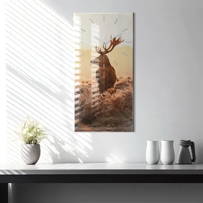 Produktbild von Wallfluent Wanduhr – Stilles Quarzuhrwerk - Uhr Dekoration Wohnzimmer Schlafzimmer Küche - Zifferblatt mit Strichen - weiße Zeiger - 30x60 cm - Hirsch bei Sonnenaufgang