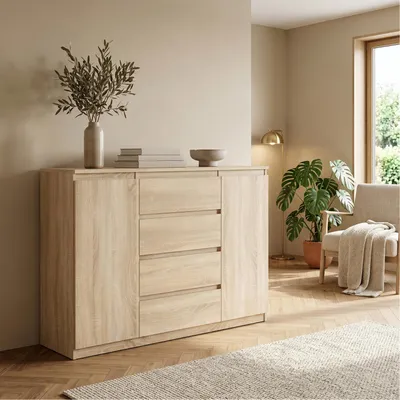 Produktbild von Masseno Kommode NUDO 120 cm Sideboard mit 4 Schubladen und 2 Türen für Wohnzimmer Schlafzimmer Modern 120x39x101,5 cm Sonoma Eiche / Sonoma Eiche