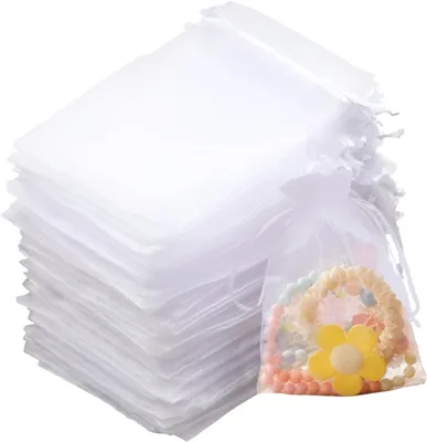 Obrázok produktu pre Organzové vrecká - 100 kusov - 10 x 15 cm - Malé vrecká na plnenie - Organzové vrecká so šnúrkou - Biele - Vhodné na šperky, sladkosti, svadby