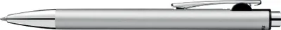 A close-up, side view of a silver ballpoint pen against a white background.
