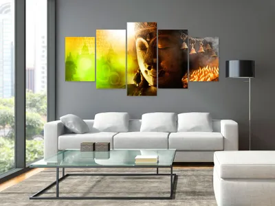 Image de Tableau acoustique Bouddha 200 x 100 cm Tableaux Mousse acoustique Absorbeur acoustique haute performance Isolation acoustique Toile 5 pièces Tableau mural Acoustique intérieure Isolation acoustique h-A-0054-b-p