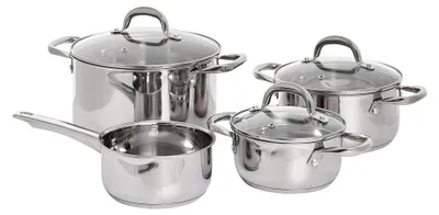 Produktbild von 7-teiliges Topfset aus Edelstahl in Silber mit 4 Töpfen und Deckeln für alle Herdarten