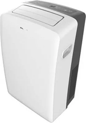 A white and gray portable air conditioner is shown against a white background.