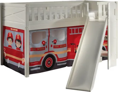 Produktbild von Kinderbett mit Rutsche Karyl Massivholz Weiß Textilset Feuerwehr