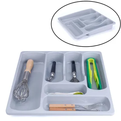 Productafbeelding van Besteklade - 6 Vakken - Bestekbak - Kunstof - Bestekbakken - Keukenla bestek organizer - 39.2 x 37.9 x 6.2 Cm - Grijs