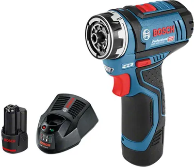A Bosch cordless drill with battery and charger on a white background.