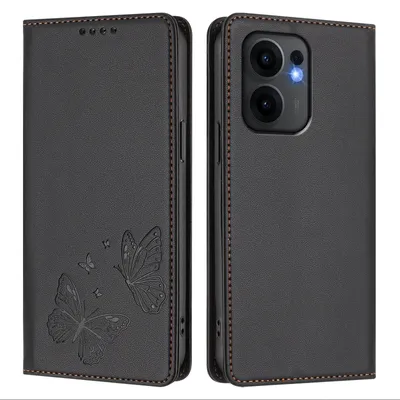 Image de Étui en cuir pour Oppo Reno13 F 5G, motif papillon, étui à rabat avec porte-appareil, noir