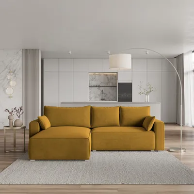 Zdjęcie produktu dla Masseno Narożnik FORIL z funkcją spania i pojemnikiem na pościel Kształt L, Rozkładana sofa, Rogówka - Żółty, MONOLITH 48