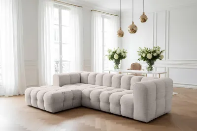 Productafbeelding van Designbank SOLVIE, stoffering Moly Creme, hoekbank met chaise longue aan de linkerkant