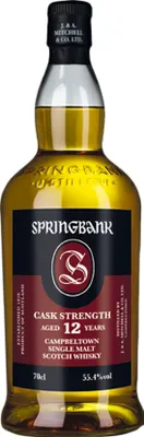 A bottle of Springbank 12 Years Old Cask Strength Campbeltown Single Malt Scotch Whisky.