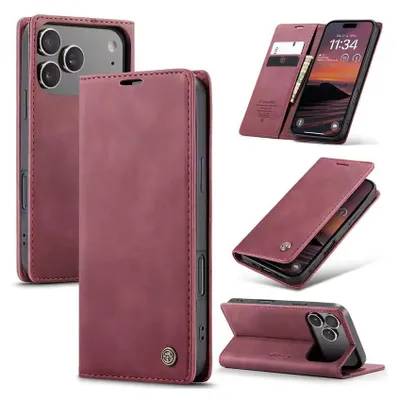 A collage of images showing a red iPhone case from different angles, including one with the phone inside and cards inserted.