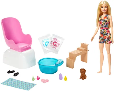 Produktbild von Barbie Mani-Pedi Puppe (blond) Spielset, Anziehpuppe, Nagelstudio mit Zubehör