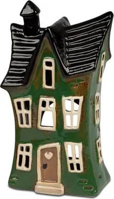Produktbild von Dekoratives Windlicht Schiefes Haus, Grün, Handbemalt, Steinzeug, 22 cm