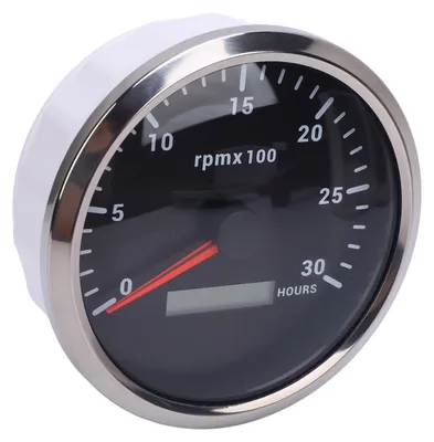 Image de Tachymètre 110 mm (4-3/8 po) avec rétroéclairage 7 couleurs, alimentation CC 9-32 V, cadence maximale de 3 000 tr/min et compteur d'heures de service pour voiture, yacht, camping-car, bateau ou camion. Cadran noir, lunette argentée. Référence : CXA003