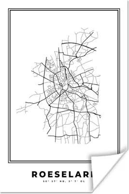 Produktbild von MuchoWow® Poster Karte - Roeselare - Belgien - Schwarz und weiß - Stadtplan 40x60 cm - Plakate für die Wand - Poster Babyzimmer