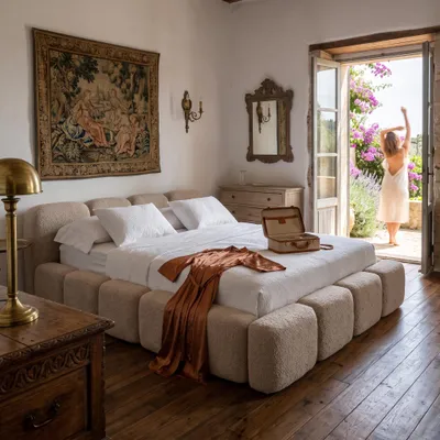 Produktbild von MUFFO Polsterbett SUENO mit Matratze 140x200 cm in Beige, gepolstertes Kopfteil, Metalllattenrost, Bettkasten, Bouclé-Stoff, KI-generiertes Bild