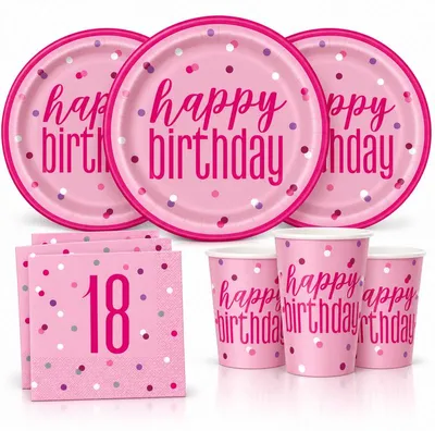 Produktbild von 18. Geburtstag Partyset Einweggeschirr rosa pink 48 tlg. Partygeschirr Teller Becher Servietten