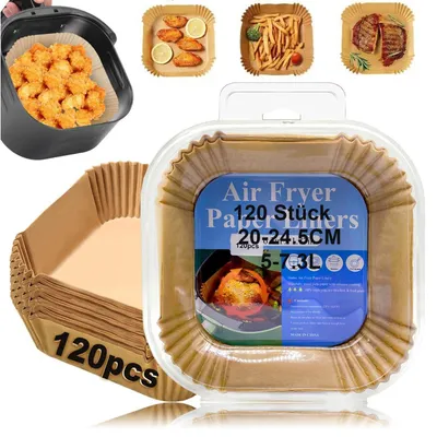 Obrázok produktu pre Pergamenový papier na fritovanie teplým vzduchom, 120 kusov, rozmery 20-24 cm, štvorcový, vhodný pre fritézy s objemom 4,5-8 litrov