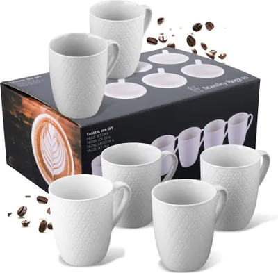 Produktbild von Stanley Rogers 6-teiliges Tassen-Set  Kaffeetassen in modernem Rautendesign  Hochwertiges New Bone Material in Weiß  Perfekt für Heißgetränke wie Kaffee, Tee oder Kakao  340 ml Volumen