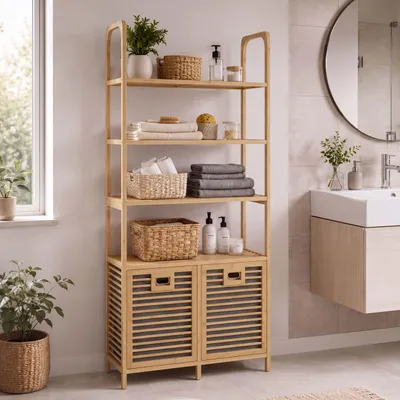 Produktbild von Bambus-Badezimmerschrank MCW-N83, Regal Badschrank, 2 Wäschekörbe 4 Regalböden MVG 168x81x33cm  natur, Korb grau
