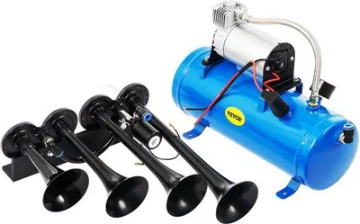 Obrázok produktu pre 12 V reproduktor s hlasitosťou 150 dB pre vozidlá, čierny reproduktor, reproduktor so 4 trúbkami, kompatibilný s nákladnými vozidlami, vlakmi, osobnými automobilmi, nákladnými autami, loďami, motocyklami atď.