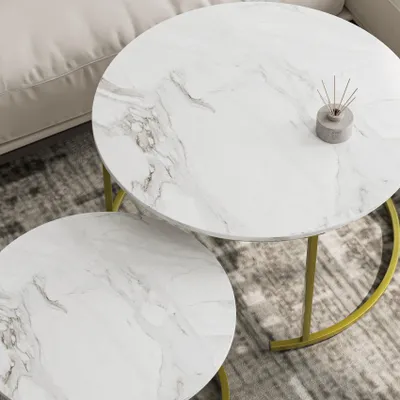 Produktbild von Couchtisch Rund 2er Set, Wohnzimmertisch Gold Metall, Marmor-Optik Weiß