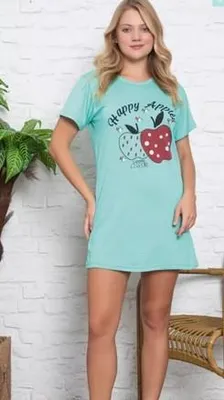 Produktbild von Damen Nachthemd Tunika Pyjama Schlafanzug Türkis M Kurz Nachtwäsche mit Muster L-79