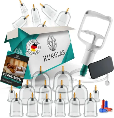 Produktbild von KURGLAS Schröpfgläser aus stabilem Kunststoff [14 Stück] - Schröpfglas mit Vakuumpumpe & Faszienschaber - Schröpfen mit starker Saugleistung + E-Book