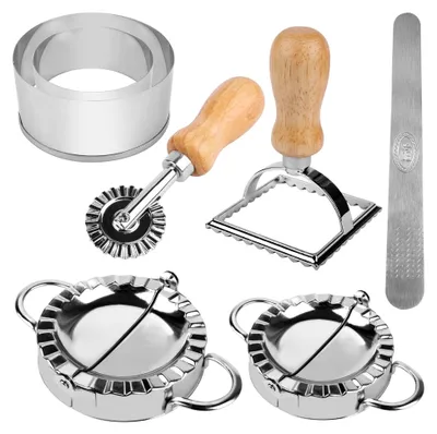 Produktbild von Ravioli Former Set 7 Stück Ravioli Maker, Edelstahl Dumpling Maker Teigtaschenformer Mit Ravioli Ausstecher und Teigrädchen für Dumpling Ravioli machen