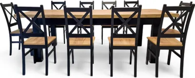 A dining table and ten chairs are arranged on a white background.