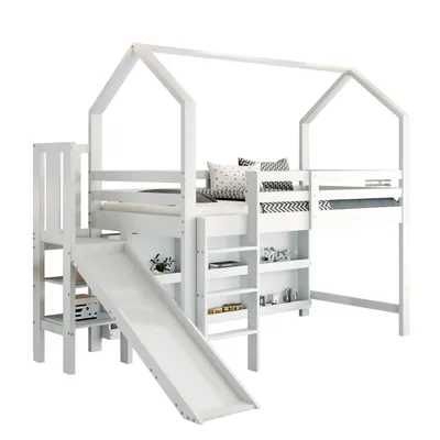 Produktbild von Hochbett mit Lattenrost und Rutsche, 90x200 cm, Kinderbett mit Regal und Rausfallschutz, Kiefer