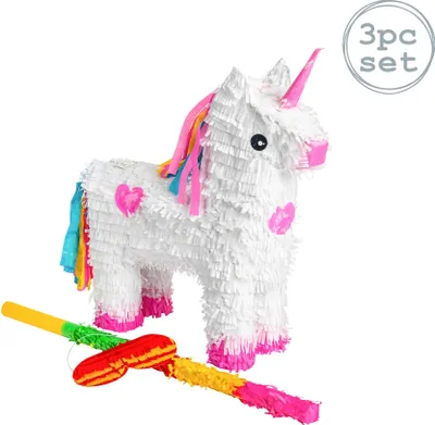 Produktbild von Fax Potato Unicorn Pinata Set mit Stick & Blindfold | 43 x 13 x 55 cm - Grün, Rot, Gelb