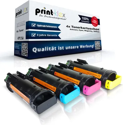 A product shot of four toner cartridges and their packaging.