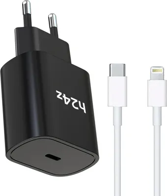 Produktbild von 25W USB-C Schnellladegerät mit USB-C oder ios Ladekabel für iPhone – Kompatibel mit iPhone, Samsung Galaxy, iPad, MacBook, Huawei, Xiaomi, OnePlus, Google Pixel – PD 3.0 Netzteil für schnelles Laden – Schwarz / Lightning 1 Meter
