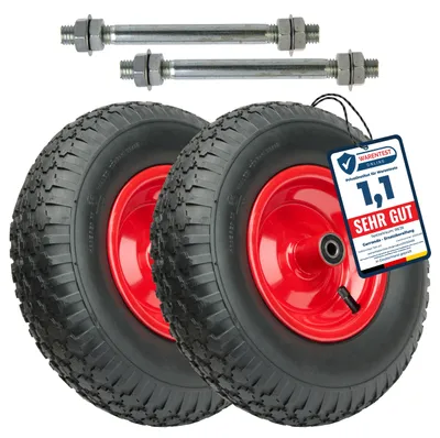 Produktbild von Garronda 2er Pack Ersatzrad Schubkarre 4.00-6 Schubkarrenrad Ø 320 mm Luftreifen 2PR Reifen bis 136 kg mit Achse Stahlfelge Kugellager für Gartenwagen Hof Baustelle GD-0163, Schwarz-Rot