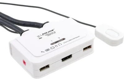 Produktbild von InLine KVM Switch, 2-fach, HDMI, USB, mit Audio, integr. Kabel, 1920 x 1080 Pixel, Schwarz, Weiß